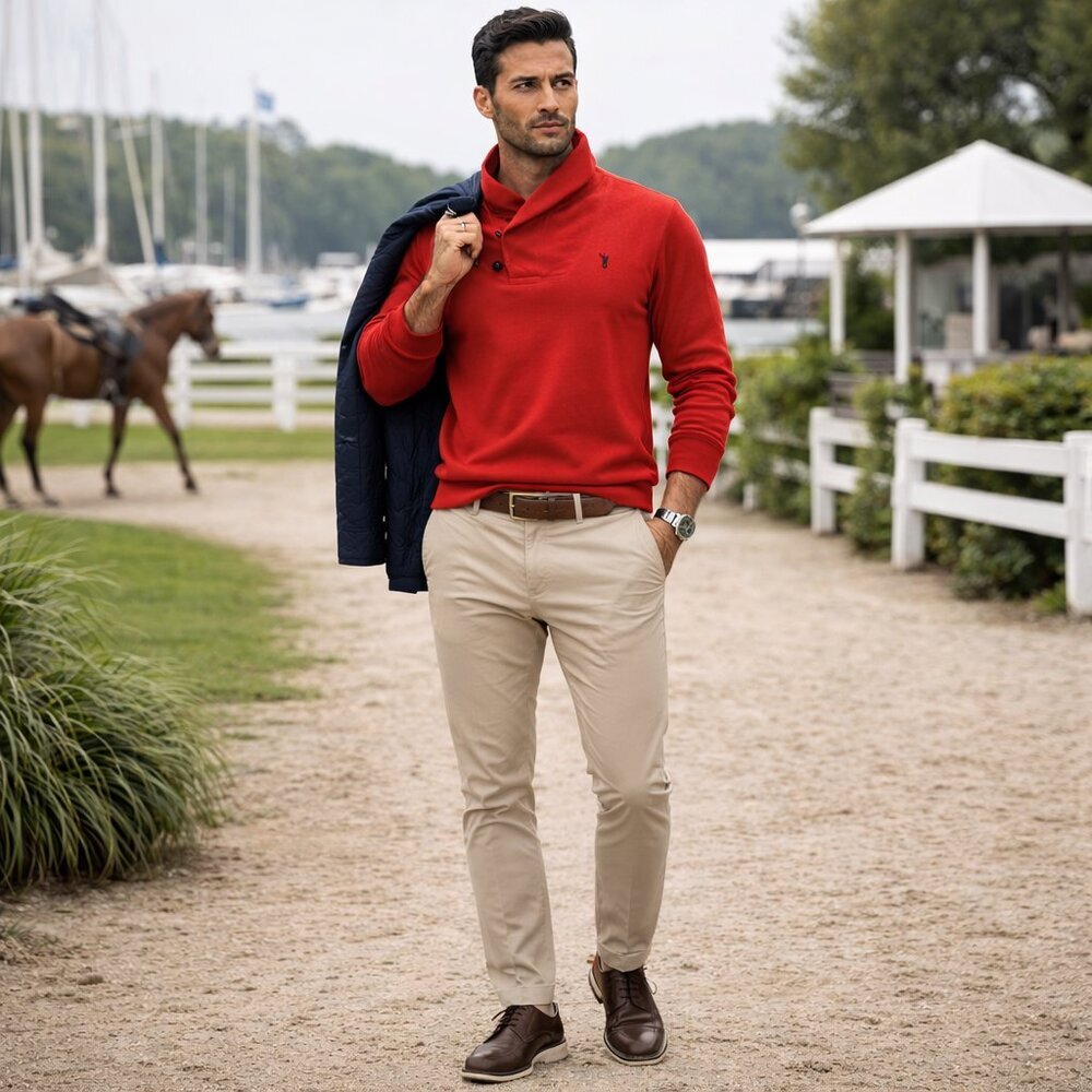 Red Polo Ralph Lauren Button-Up Zip High Neck Turtleneck Pullover Sweater